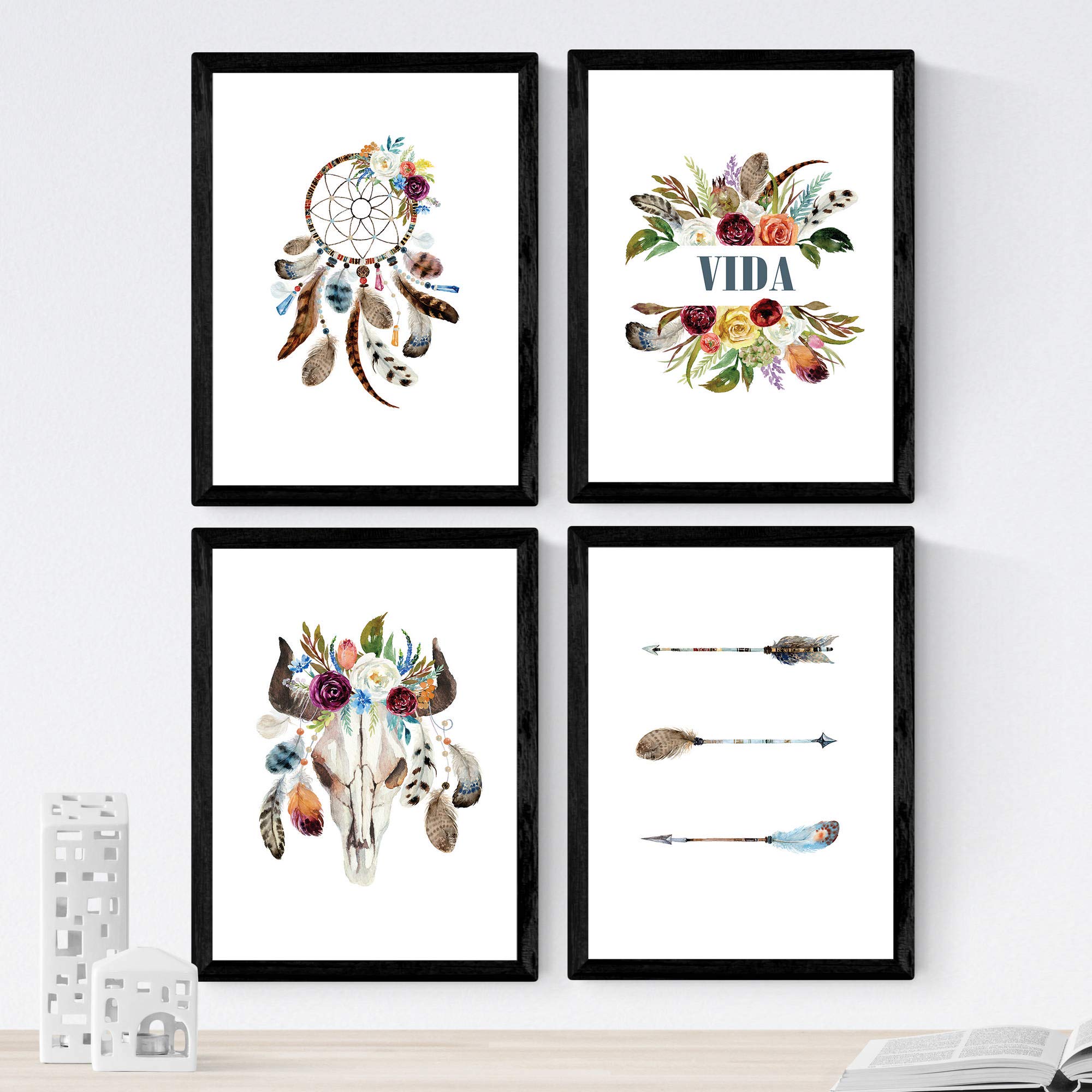 Nacnic ® - Set of 4 Feather Prints - Boho Style - Decorative Wall Art - Modern Living Room Decor - A4 Size - Unframed