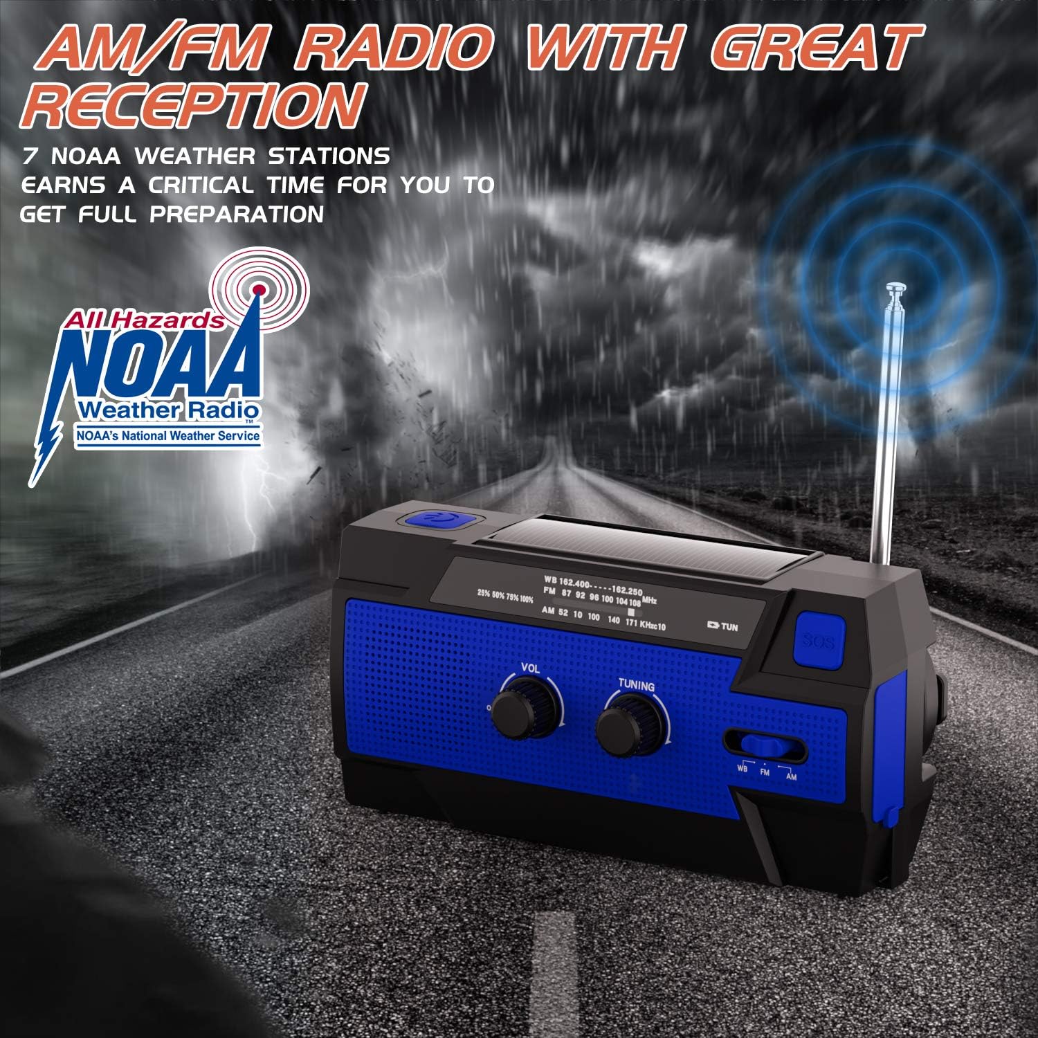 Emergency Radio Hand Crank Solar, 4000mAh Portable Weather Radio, NOAA Weather Radio, Outdoor Radio with Flashlight & Motion Sensor Reading Lamp, Solar Cell Phone Charger, SOS Alarm(Blue): Home Audio & Theater