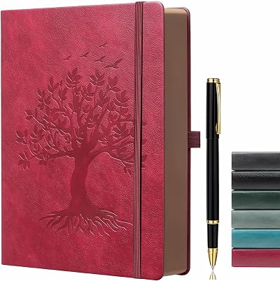 ZXHQ A5 360 Pages Lined Journal with Pen Wine Red Tree of Life Design