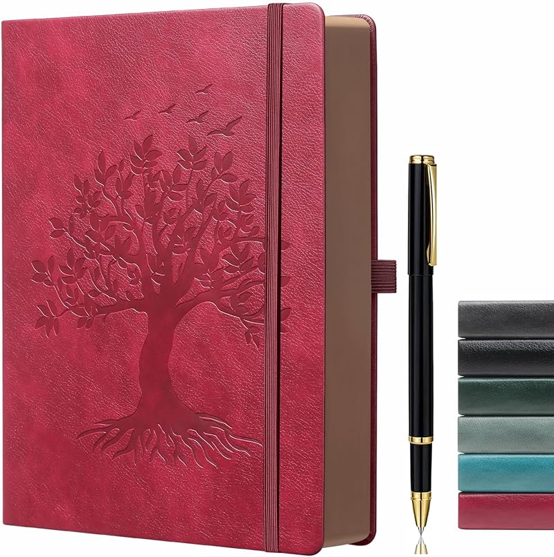 ZXHQ A5 360 Pages Lined Journal with Pen Wine Red Tree of Life Design