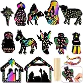 36 Pcs Nativity Scene Scratch Paper Christmas Tree Scratch Ornaments for Kids Include Scratch Card 10 Wooden Styluses 36 Colorful Ribbons for Christmas Birthday Classroom Holiday Crafts Supplies