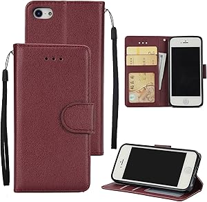 AHUOZ Phone Flip Case Cover Wallet Case for iPhone 5S/5SE/5, Premium PU Leather Wallet Case [Wrist Strap] Flip Folio with ID&Credit Card Pockets (Color : Wine red)