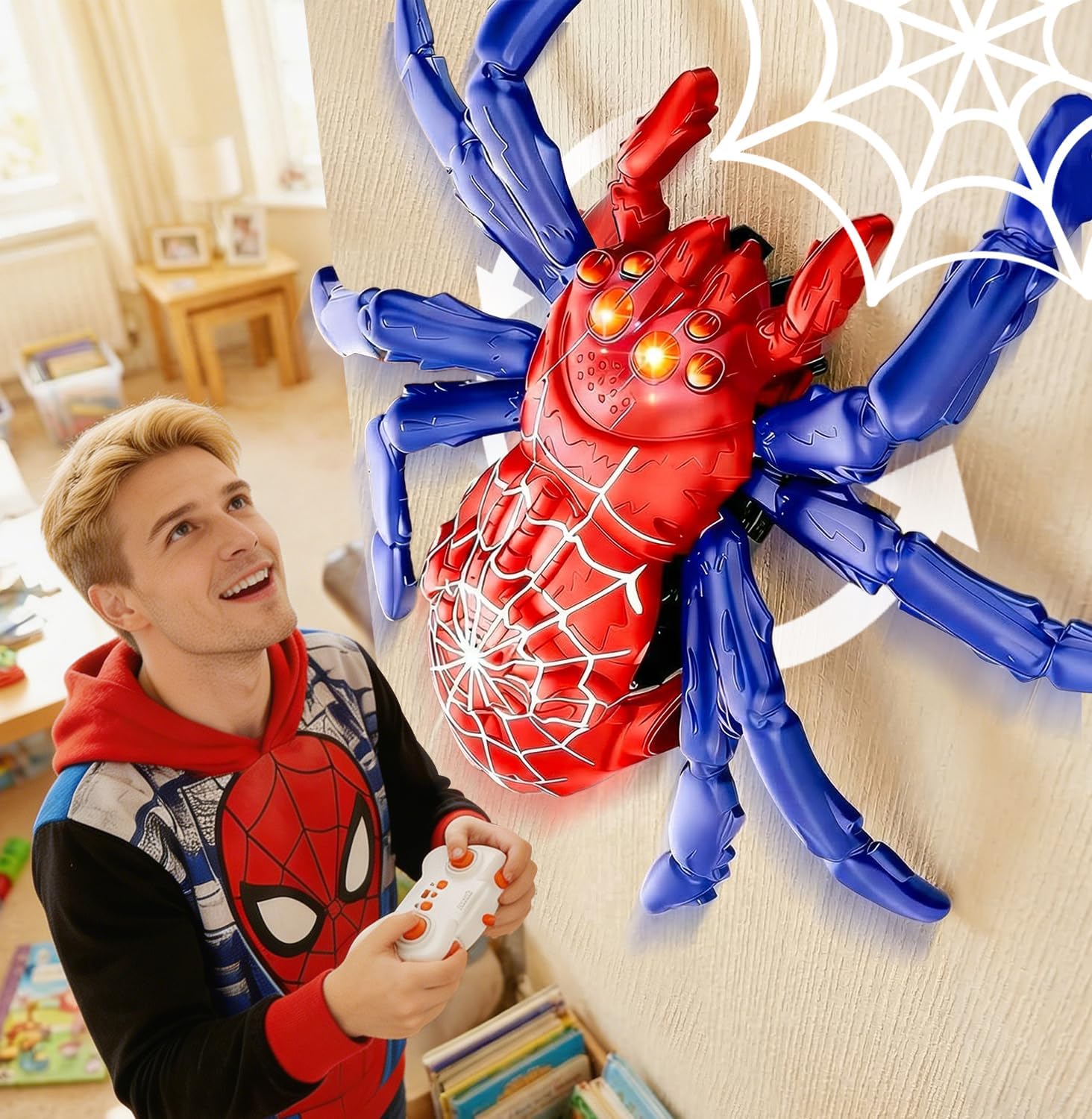FANPROMS Wall Climbing Spider, Rechargeable 2.4GHz Remote Control Spider Toys with Glowing Eyes, 360°Rotating Wall Crawler Spiders, Realistic Reptile Bug Toy for Christmas, Halloween
