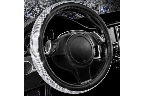 CAR PASS Diamond Black Leather Steering Wheel Cover, with Bling Crystal Rhinestones Universal Fit 14" 1/2-15" Crystal Glitter