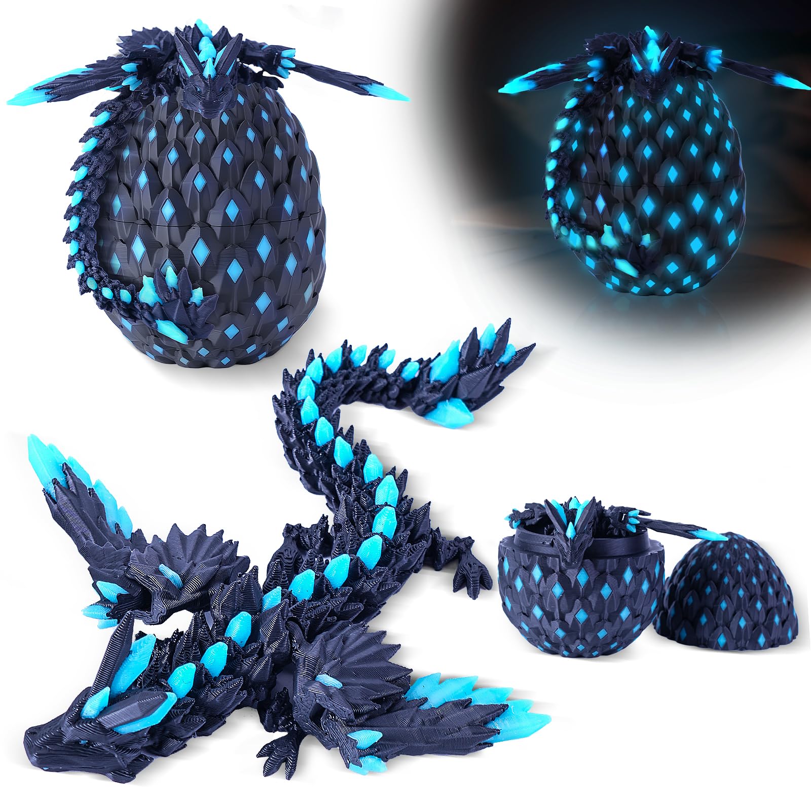 HUWUV 3D Printed Easter Dragon Eggs with Wings Rainbow Glow in The Dark Cool,Articulated Crystal Animals Fidget Toy,Stuff Fun Easter Basket Stuffers Toy Gifts for Kids