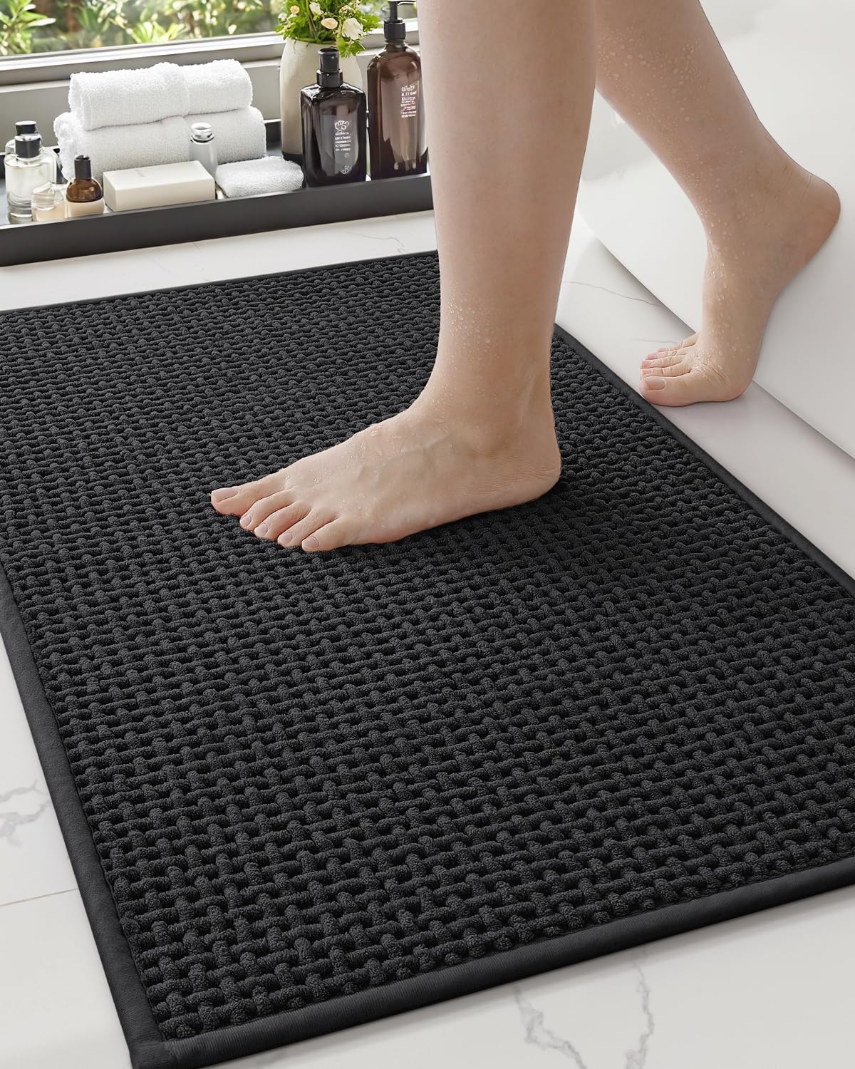 Photo 1 of Color&Geometry Chenille Pile Large Bathroom Rugs Upgraded Denser, 24"x36" Non Slip Absorbent Black Bath Mats for Bathroom Thin Fit Under Door, Washable Quick Dry
