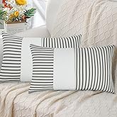 CURRAMET Farmhouse Pillow Covers 12x20, Boho Modern Accent Square Throw Pillow Covers Set of 2, Black and White Striped Patchwork Linen Decorative Pillows Cushion Covers for Couch Chair Bedroom