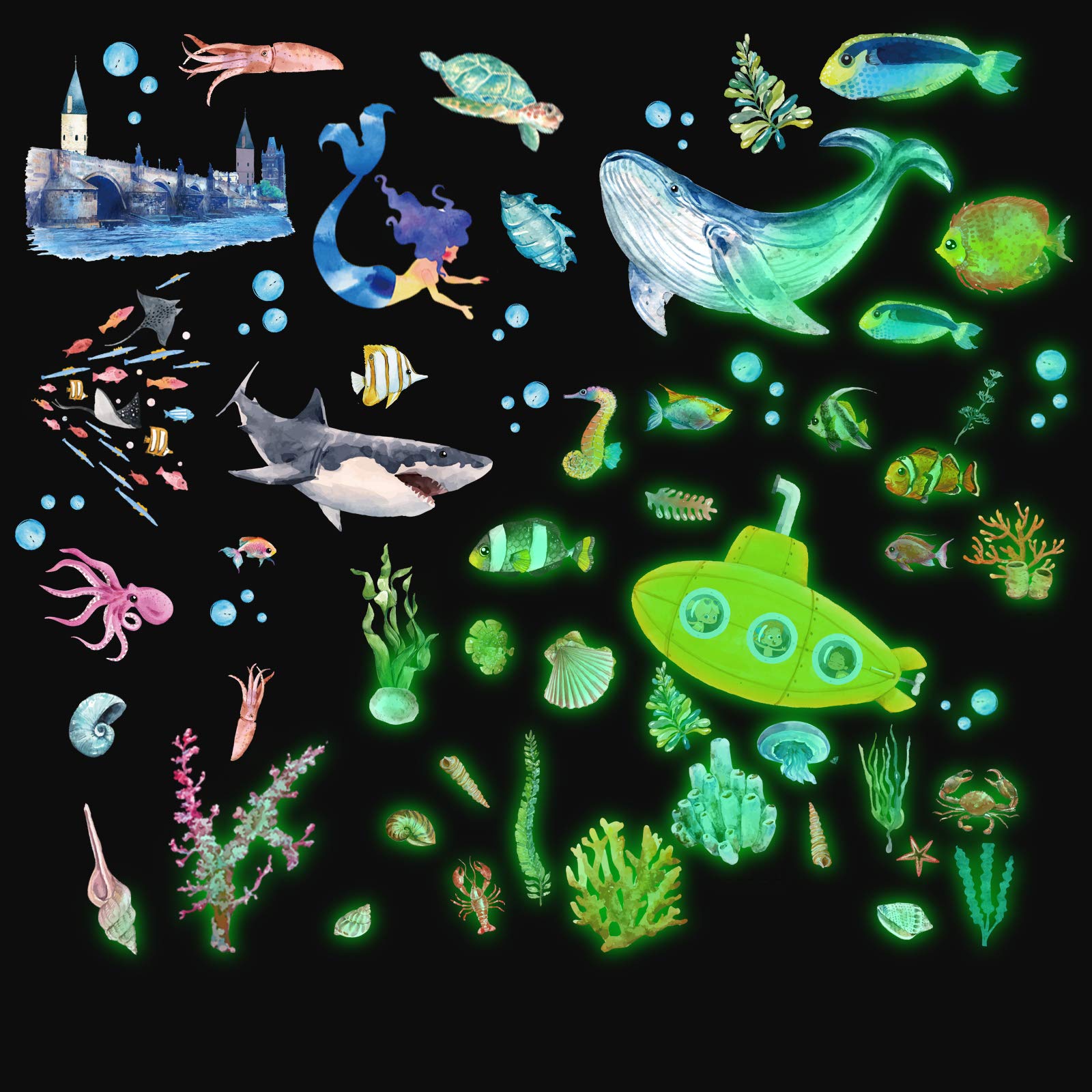 63 Pieces Glow in The Dark Sea Wall Stickers Ocean Themed Fluorescent Stickers Sea World Creature Stickers Luminous Underwater Animal Wall Decor for Kids Bedroom Nursery