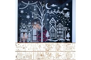 Sunnychicc 12 Pcs Christmas Stencils for Window Glass 13.78 x 11 Inch Large Reusable Christmas Stencil Xmas Village Tree House Holiday Drawing Templates for Xmas DIY Painting Glass Wall Home Decor
