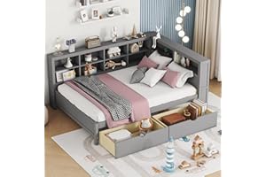 JIVOIT Wooden Full Size DayBed with 2 Drawers, Captain Platform Bed with Double-Layer Storage Shelf, Solid Wood Platform Bed Frame with Wood Slats Support, Space-Saving Design (Grey * Full,101)