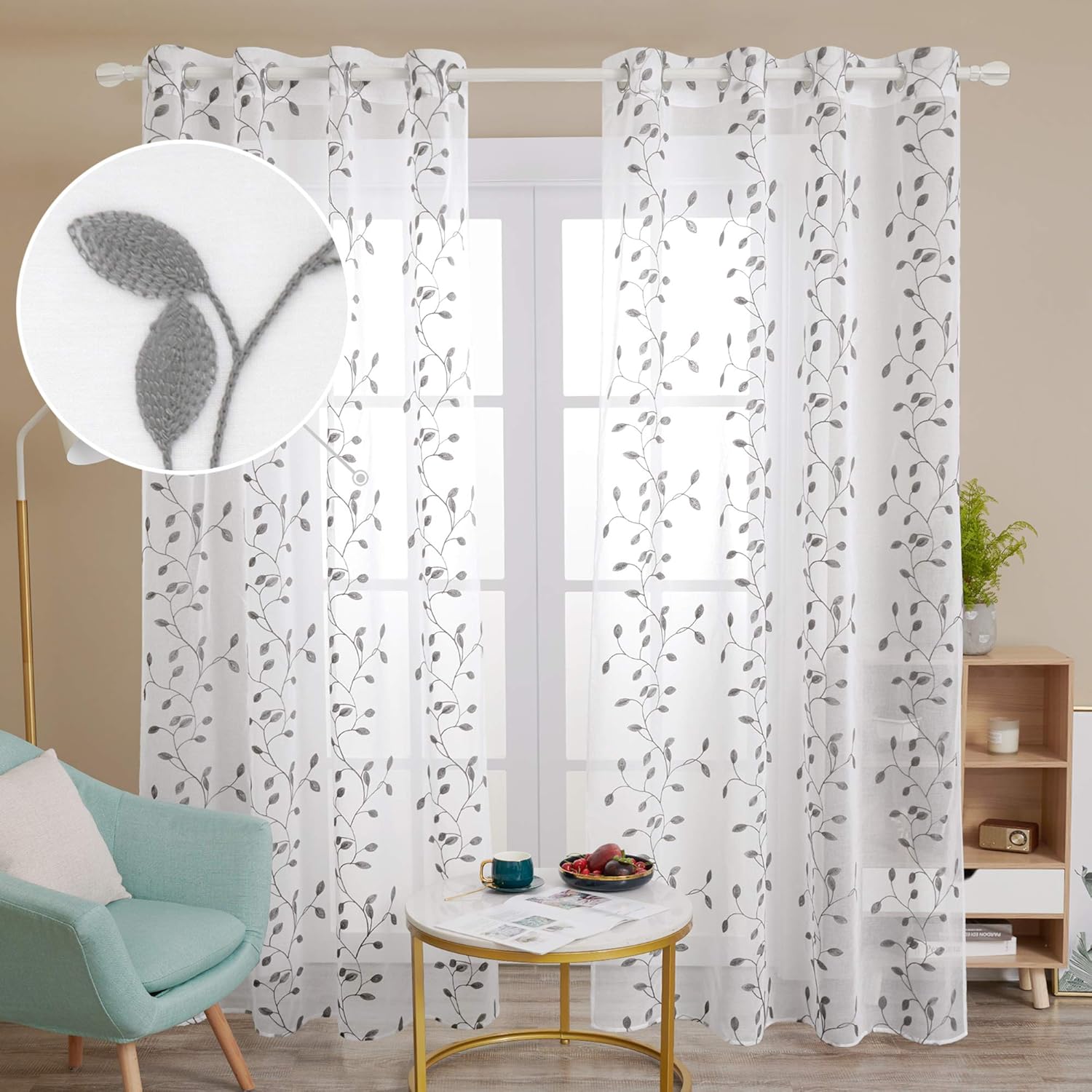Deconovo Eyelet Faux Linen Net Curtains Embroidery Leaves Voile
