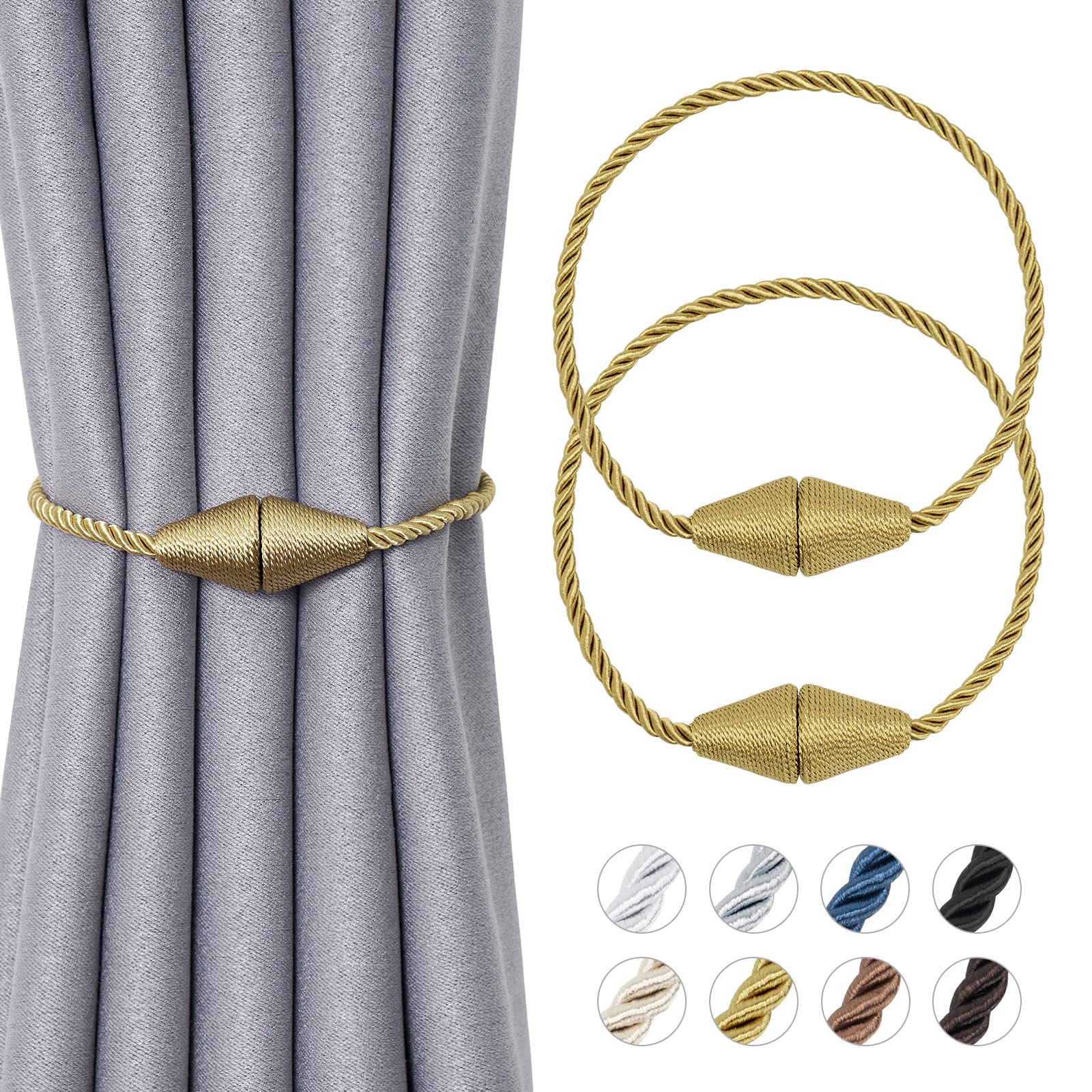 Pretty Jolly 2 Pack Upgrade Magnetic Curtain Tiebacks 16 Inch Handmade Weave Rope Curtain Holdbacks Convenient Decorative Cone Curtain Drape Tie Backs for Home & Office Window Drapery (New Gold)