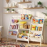 MAHANCRIS 3-Tier Snack Display Rack, Retail Display with Sling Shelf, Sturdy Kid Bookcase with Storage, Toddler Book Shelf for Kids Room, Playroom, Bedroom, Nursery, White BKWT34201