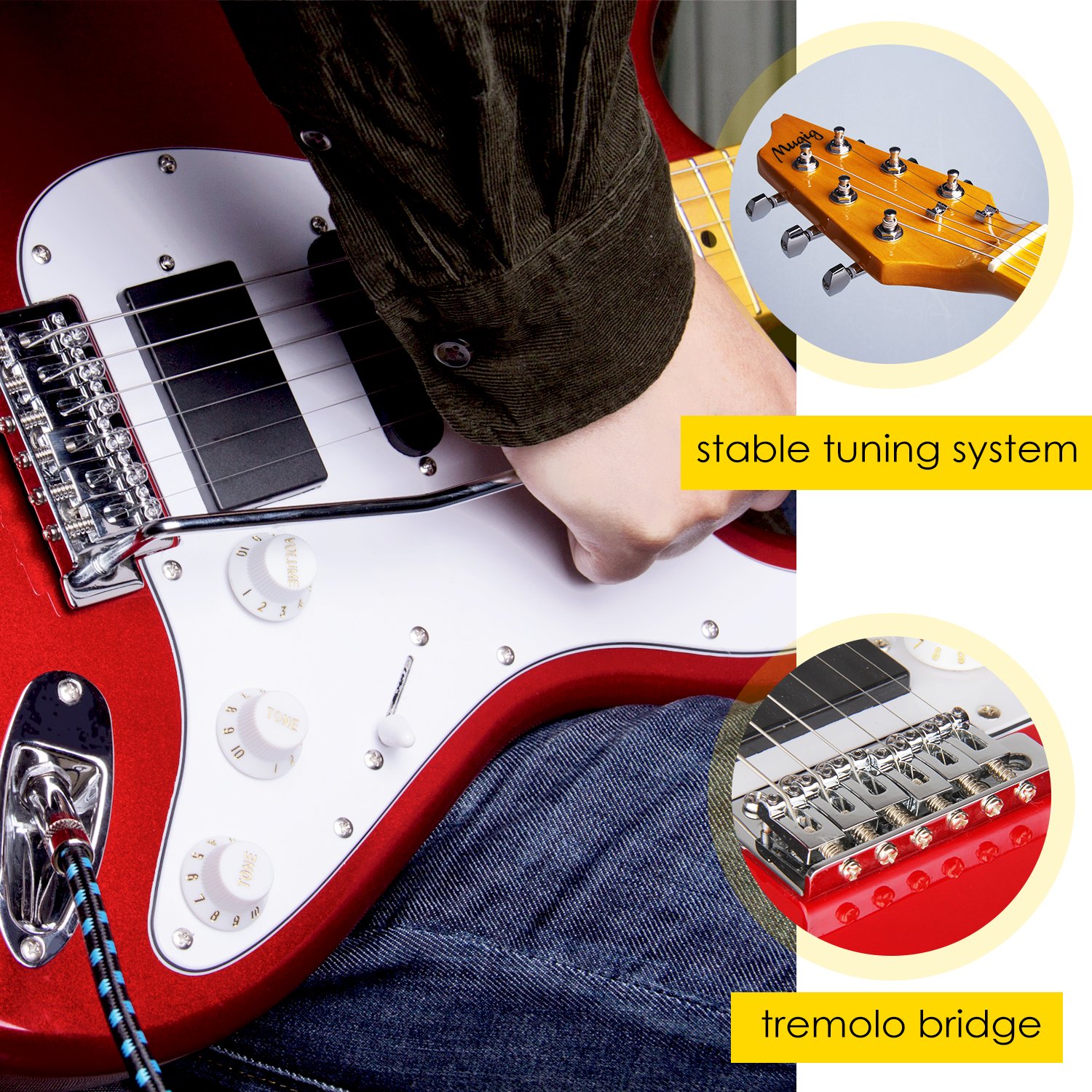 Mugig Electric Guitar Full Size 39 Inches Glossy Poplar Body Glossy Maple Fingerboard Single Single Double Pick Up Design