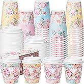 Jingmore 48 Pcs Floral Paper Coffee Cups with Lids and Sleeves Colorful Flower Design Disposable Coffee Cups for Tea Party Wedding Reception Baby Shower Supplies (8 oz)