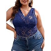 SOLY HUX Women's Plus Size Floral Lace Sheer V Neck Scalloped Trim Sleeveless Tank Tops