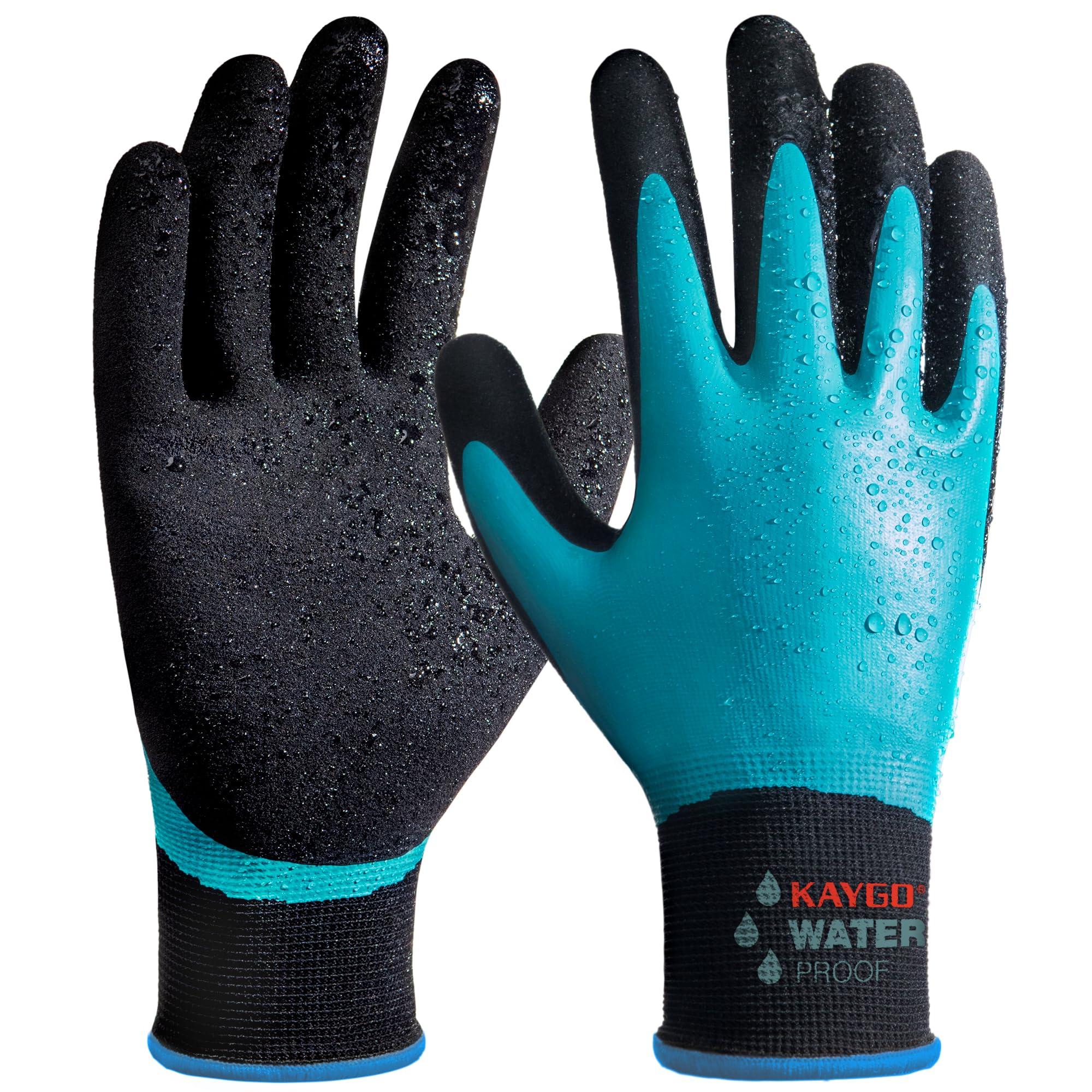 KAYGO Waterproof Work Gloves for Men and Women with Double Latex Coated, Non-Slip Super Grip for Gardening Car Washing Fish Cleaning (Blue, M, 1 Pairs)