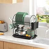 niffgaff 2-Tier Black Dish Drying Rack with Drip Tray Utensil Cup Holder view 2