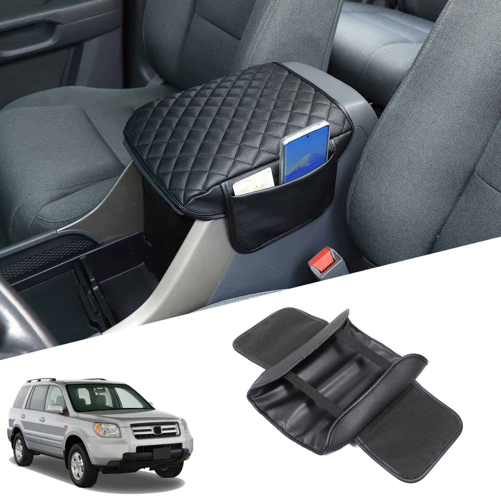 Photo 1 of HIRUFAIT Center Console Armrest Cover for Honda Pilot 2003 2004 2005 2006 2007 2008 Accessories, Leather Armrest Lid Cushion Pad, Armrest Seat Box Cover Mat with Pockets (Black)
