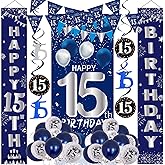 15th Birthday Decorations for Boys Girls, Navy Blue Happy 15th Birthday Door Banner Sign, 15 Years Old Party Supplies Teenagers Bday Backdrop Balloons Hanging Decors