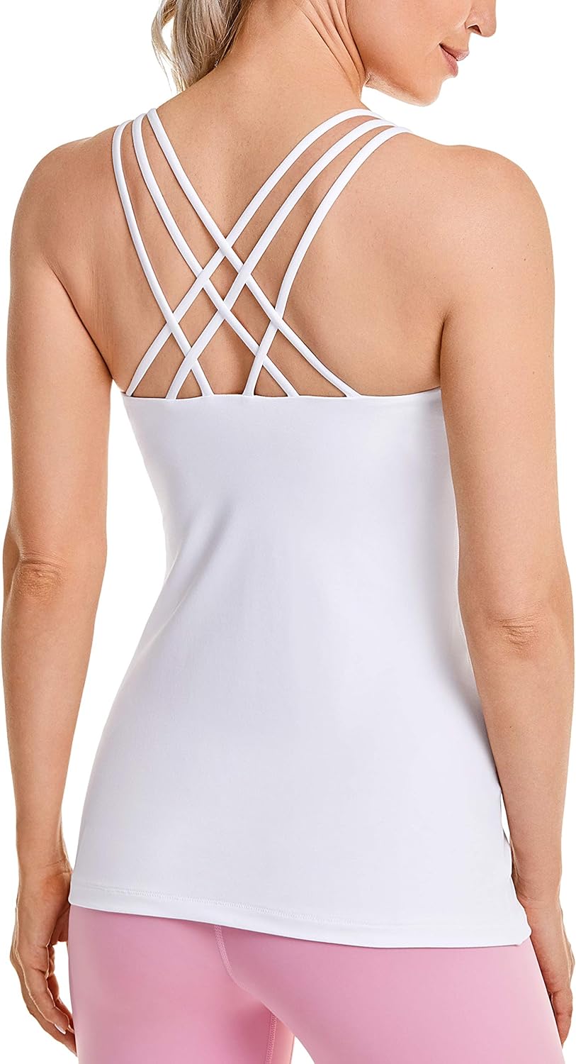 CRZ YOGA Women's Strappy Back Yoga Tank Tops Built in Shelf Bra Sports Camisole Long Workout Shirts Activewear at  Women’s Clothing store