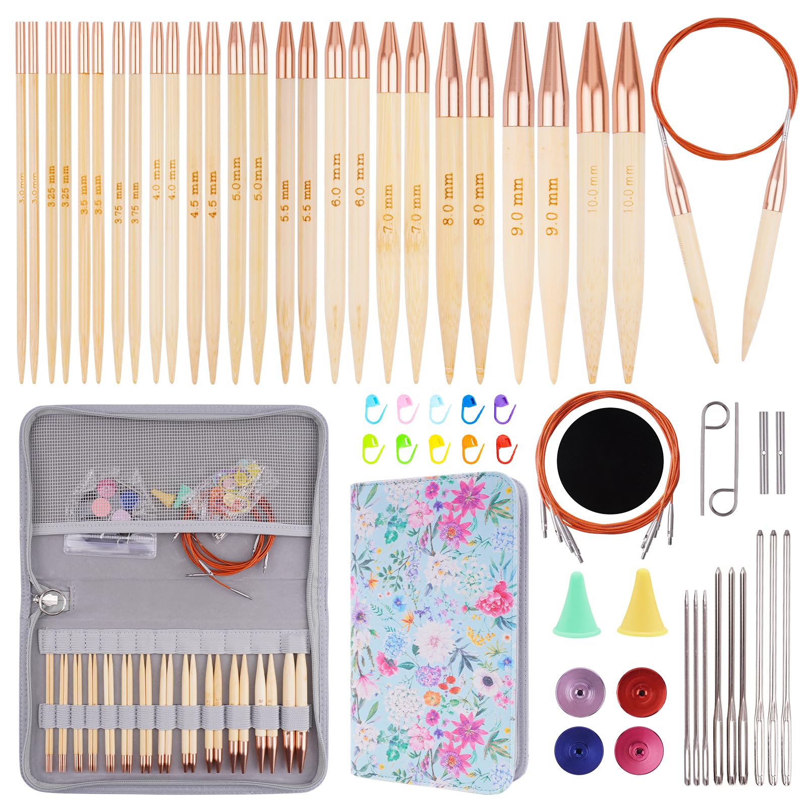 Photo 1 of WAZAIGUR Knitting Needles Set, Interchangeable Bamboo Circular Knitting Needles Set, 3mm 3.25mm 3.5mm 3.75mm 4mm 4.5mm 5mm 5.5mm 6mm 7mm 8mm 9mm 10mm Knitting Needles, 13 Pairs