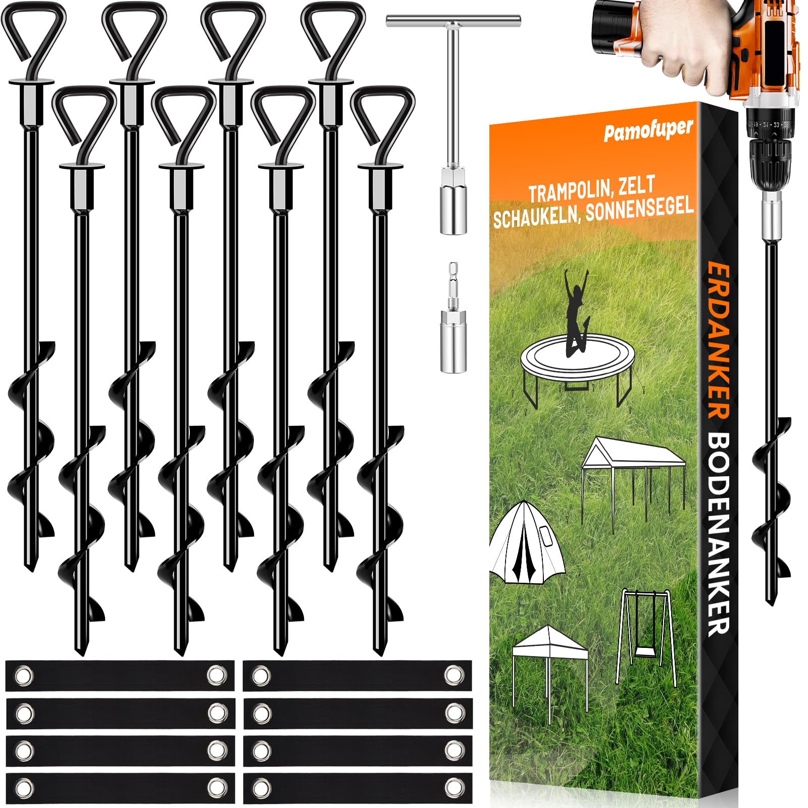 Trampoline Stakes Ground Anchors Screw in Tent Stakes Heavy Duty for High Winds, Trampoline Anchors with Straps, Canopies, Carports, Sheds, Swing Sets,Mobile Home 14in Ground Anchors (8)