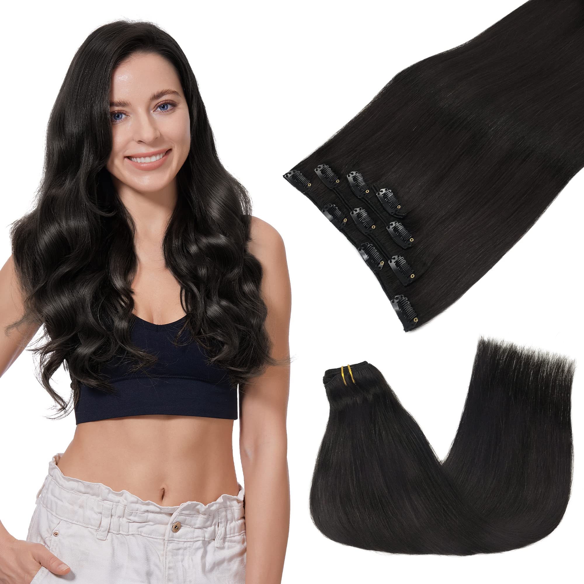 Photo 1 of GOO GOO Clip in Hair Extensions Real Human Hair, Remy Human Hair Extensions Clip ins for Women, Natural Human Hair, 16inch 65g 4Pcs, 1B Natural black