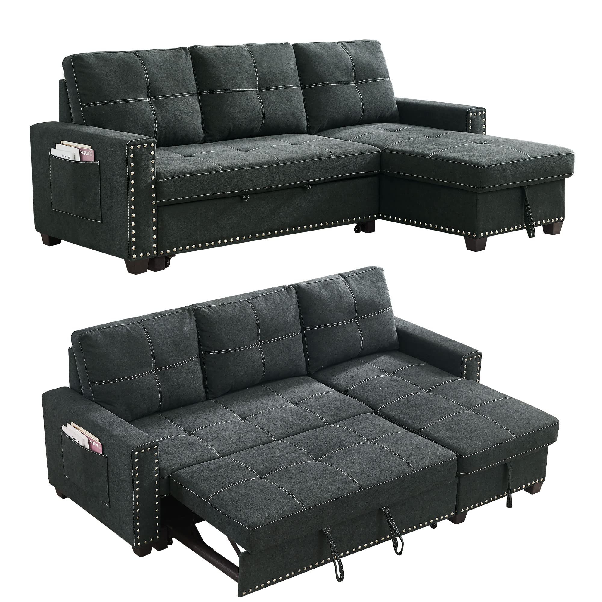 Photo 1 of ***2 XL BOXES*** Ucloveria Reversible Sectional Sofa Couch, Sleeper Sofa Bed with Storage Chaise Pull Out Couch Bed for Living Room L-Shape Lounge 2 in 1 Sectional Couch with Pull Out Bed Black
