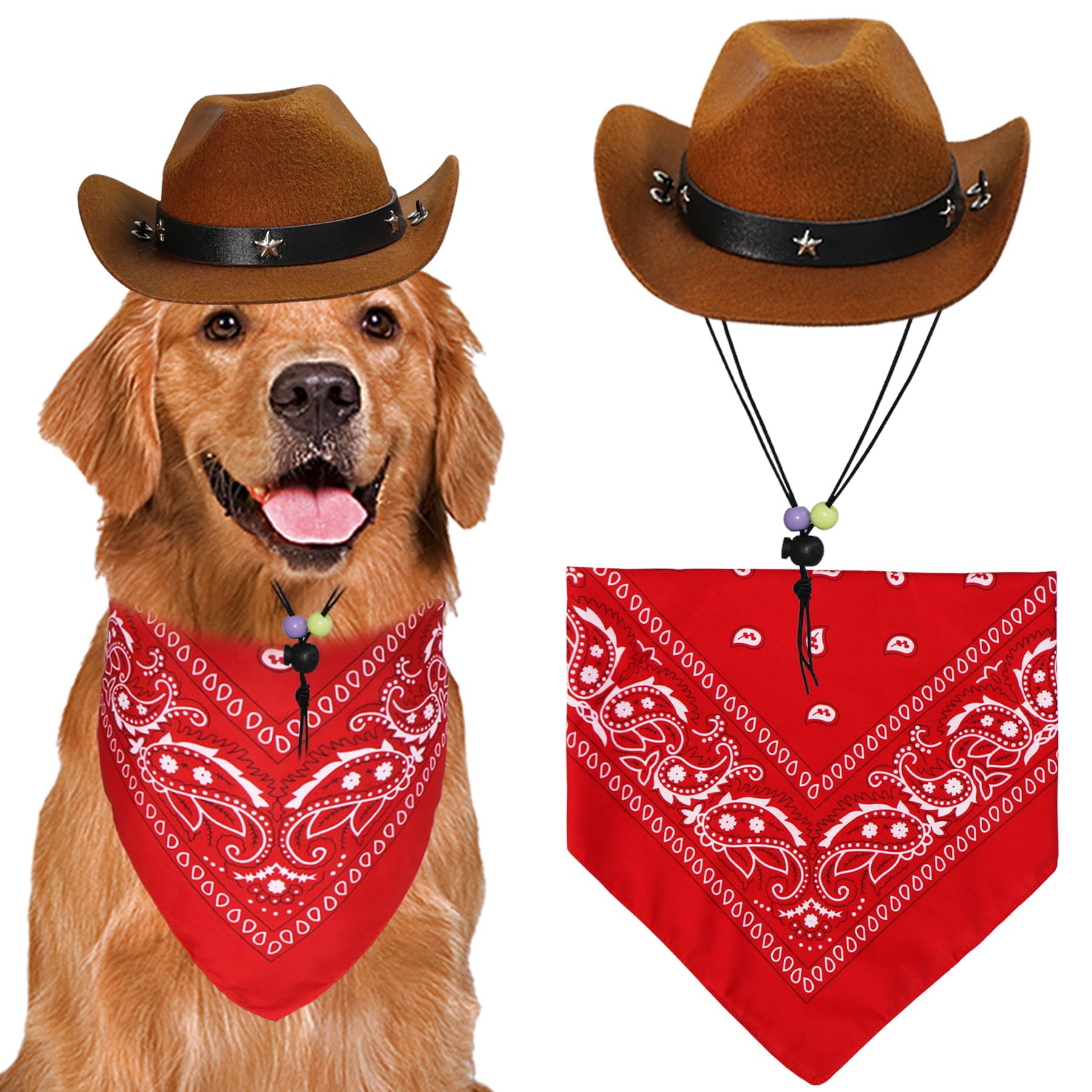 Photo 1 of GOYOSWA Dog Halloween Costumes, Dog Cowboy Costume Halloween Pet Cowboy Hat Bandana Scarf for Small Medium Large Dogs Pets (Brown Hat & Red Bandana, Large)