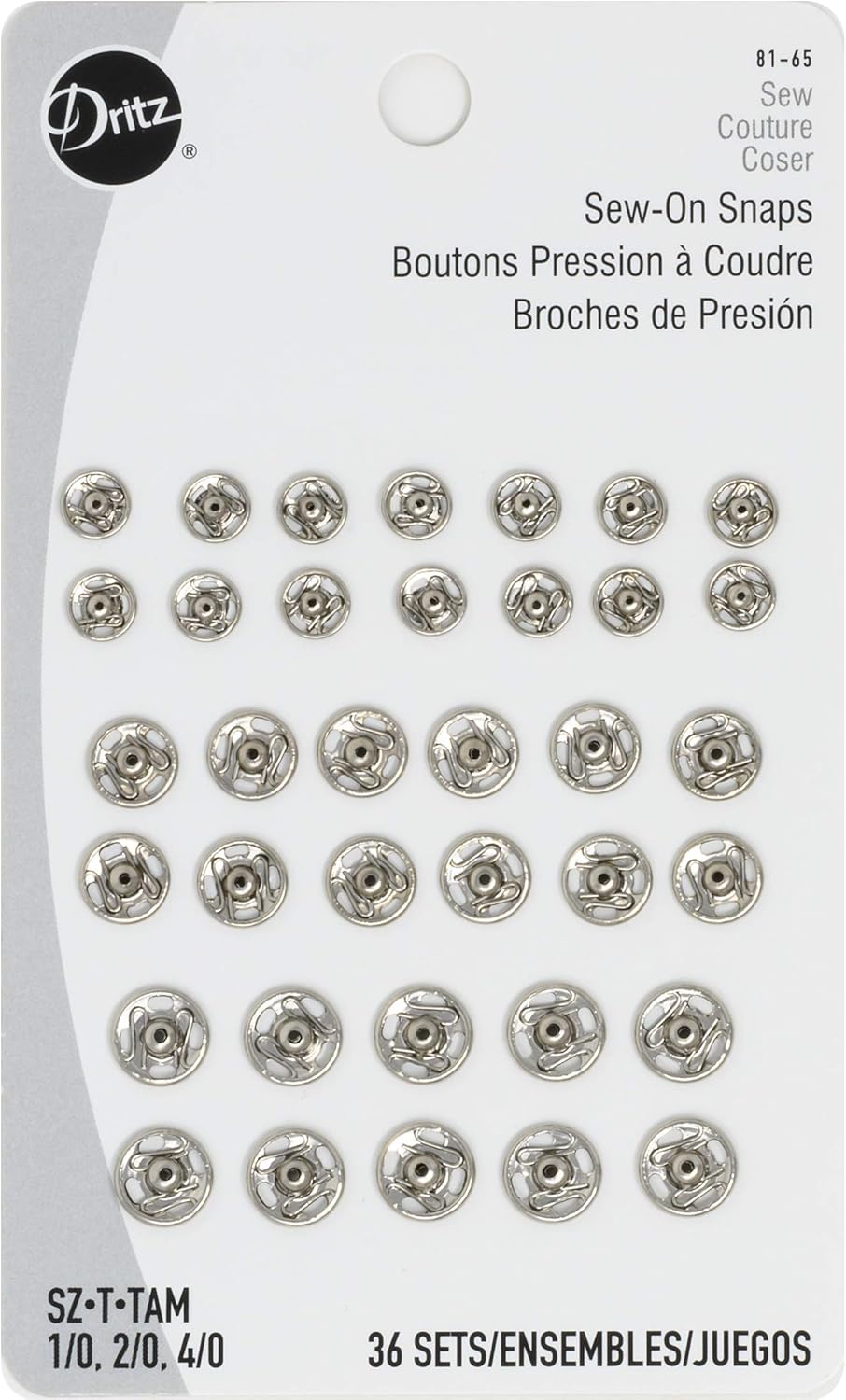 Dritz 81-65 Sew-On Snaps, Size 1/0, 2/0 & 4/0, Nickel-Plated Brass, 36 Count