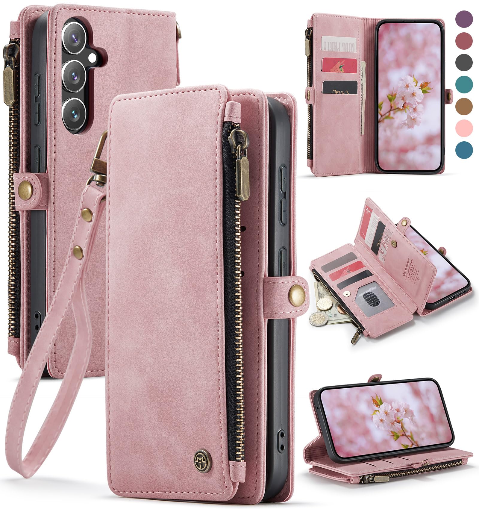 Photo 1 of Defencase Compatible with Galaxy A35 5G Case Wallet with RFID Blocking Card Holder for Women Men, PU Leather Magnetic Snap Flip Zipper Strap Wallet Phone Case Fit for Samsung Galaxy A35 5G, Rose Pink
