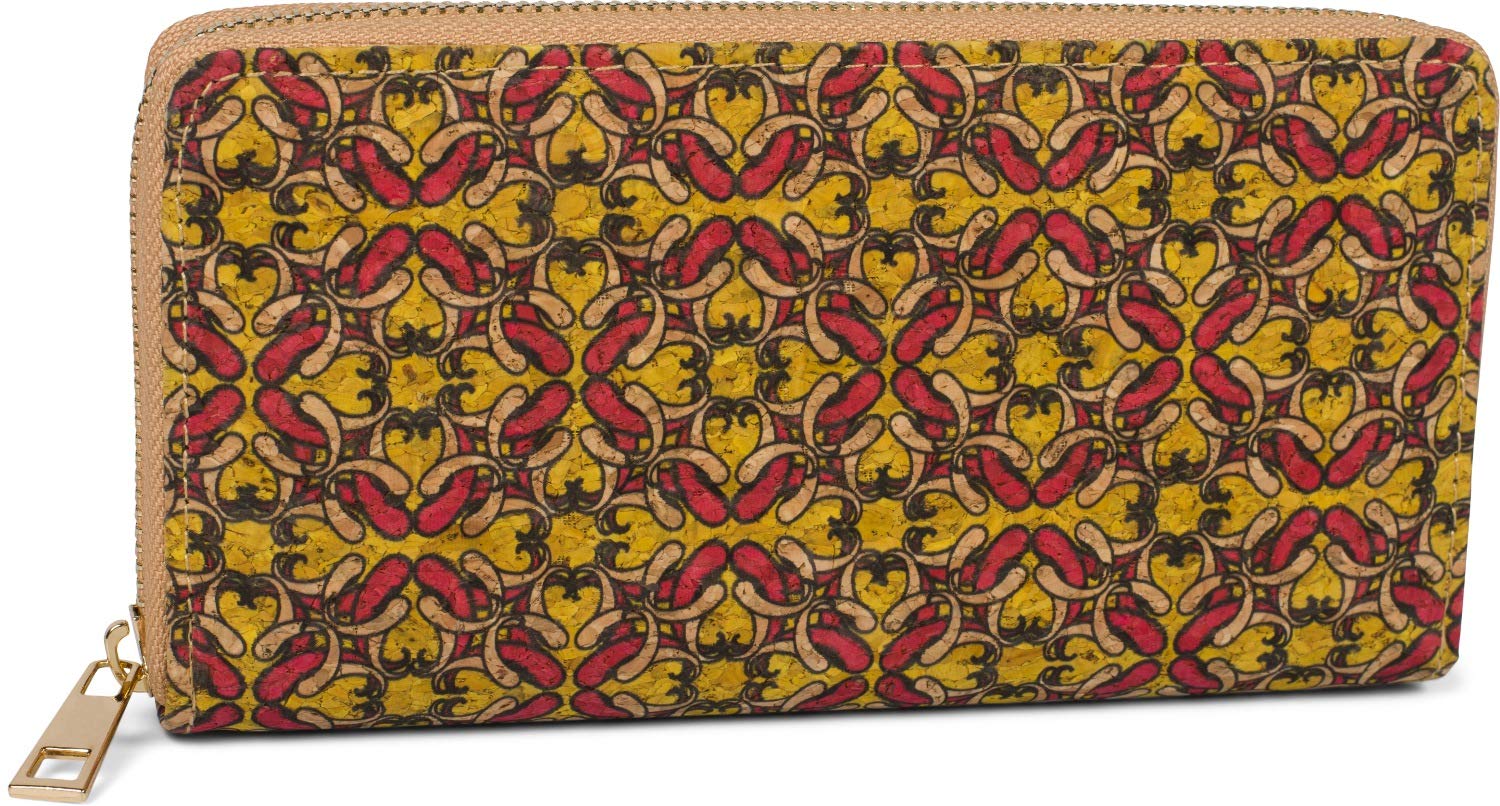 styleBREAKER Women's Cork Wallet with Colourful Pattern Print in Ethnic Look, Zipper, Wallet 02040138, Colour:Yellow-Red