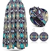 Haysandy 3 Pcs Women African Printed Maxi Skirt with Pockets Set Casual Stretch Head Wrap Scarf Drop Dangle Earrings