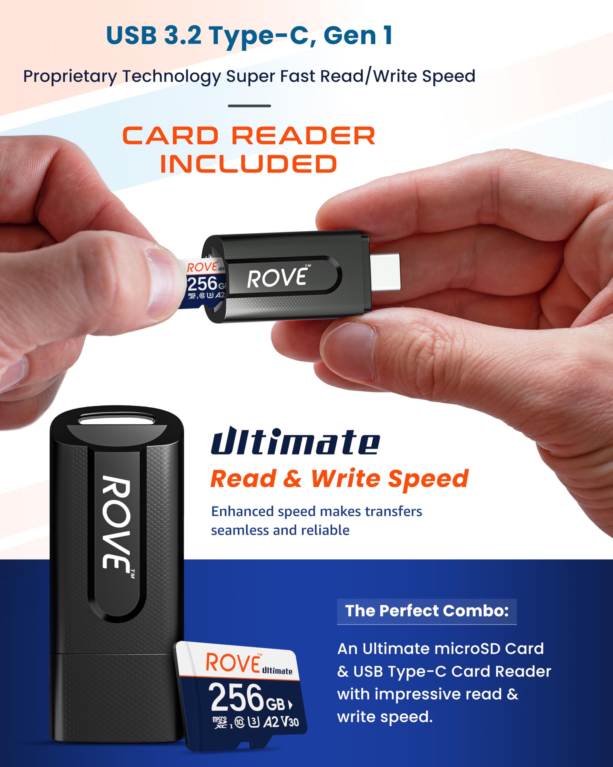 ROVE Ultimate Micro SD Card microSDXC 256GB Memory Card with USB 3.2 Type C Card Reader 170MB/s C10, U3, V30, 4K, A2 for Dash Cam, Android Smart Phones, Tablets, Games