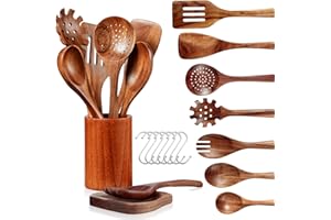 LSFCHUJU Wooden Spoons for Cooking - 10 Piece Natural Teak Wood Kitchen Utensil Set, Wooden Spoons Set with Holder, Spoon Res