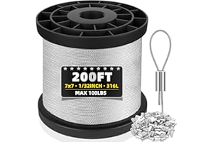 MARIOCSA 316 Stainless Steel Cable, 200FT 1/32IN Wire Rope with 50Pcs Aluminum Sleeves Stops, for String Lights Hanging, Clotheslines, Trellis Wire