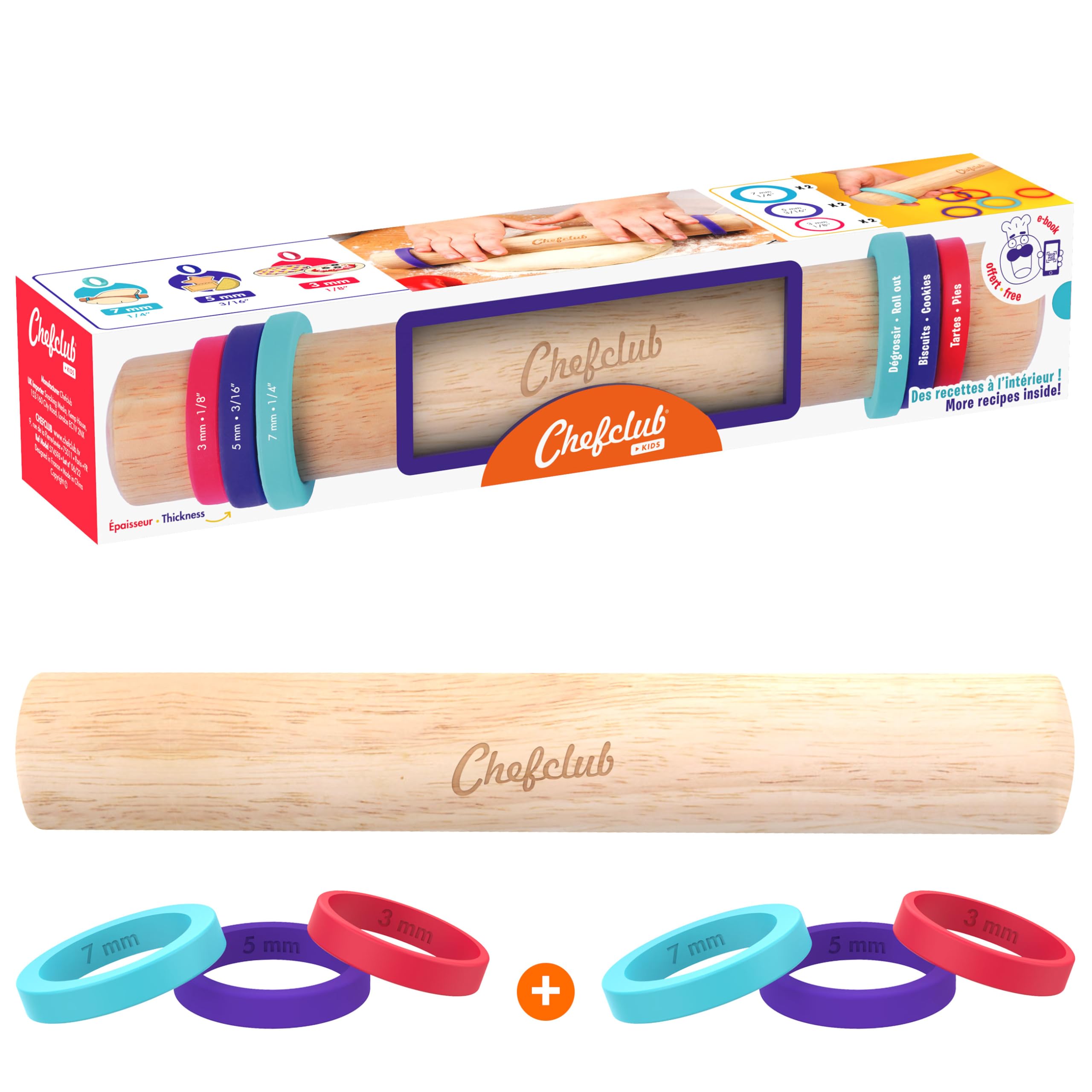 Chefclub Kids - Adjustable Wooden Rolling Pin - 3 Removable Silicone Rings for 3 Different Dough Sizes, Wood