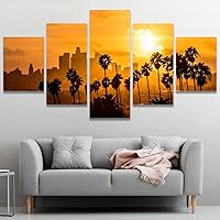 SIGNWIN Framed Canvas Wall Art Downtown Los Angeles Skyline and Palm Trees Golden Hour Sunset Coastal Ocean Modern Art Contemporary Panoramic Relax/Calm for Living Room, Bedroom, Office - 60