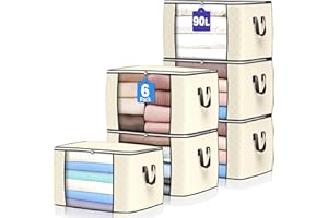 BUDDING JOY 90 L Large Storage Bags, 6 Pack Clothes Storage Bins Foldable Closet Organizers Storage Containers with Reinforced Handle for Clothing, Blanket, Comforters, Bed Sheets, Pillows and Toys (Beige)