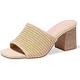 Ancomafio Heeled Sandals for Women，Raffia Sandals 2025 Chunky Heels Square Toe Mules Block Summer Shoes Slip On