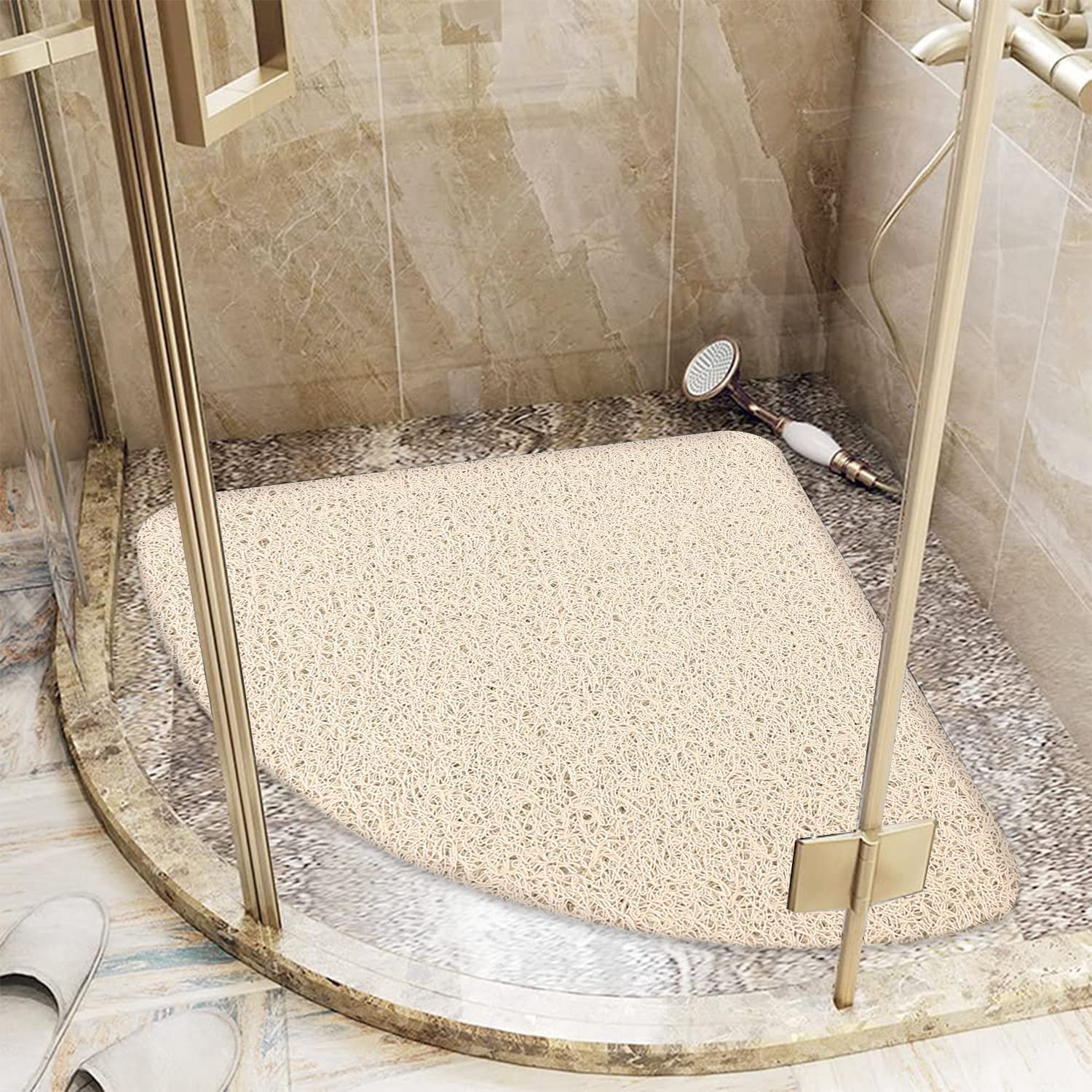 Lurowo Corner Shower Mat Non Slip, Quadrant Loofah Shower Mat with Drain, Quick Drying Curved Shower Mats Anti Mould for Inside Shower, 60 * 60cm (Beige)