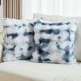 FUTEI Blue White Decorative Throw Pillow Covers 18x18 Inch Set of 2,Soft Fuzzy Faux Rabbit Fur Cushion Covers with Raised Texture,Neutral Boho Home Decor for Couch Bed Living Room