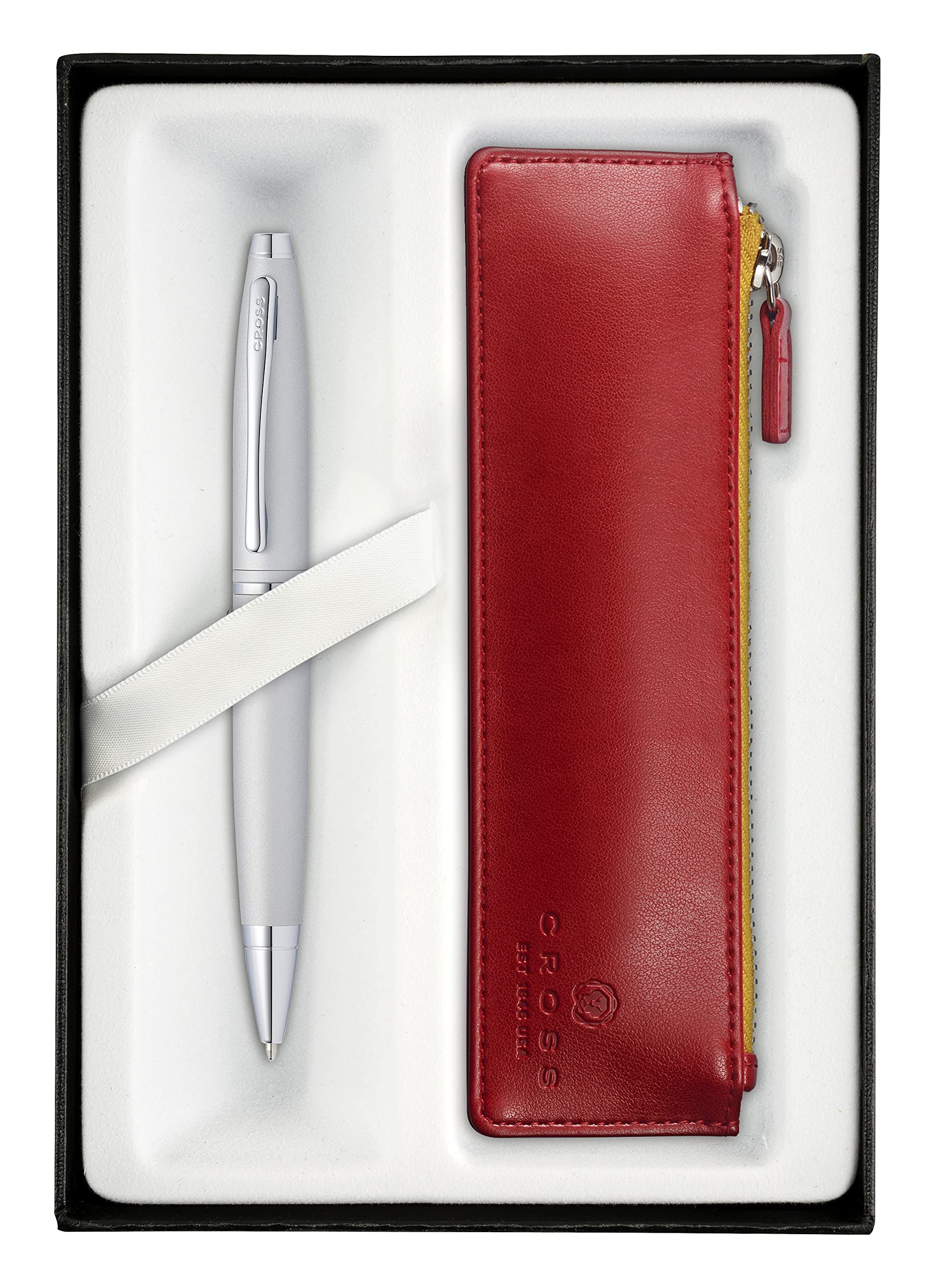 CROSS Calais Satin Chrome Gift Set with Ballpoint Pen and Midnight Blue Zip Pen Pouch incl. Premium Gift Box