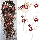 5 Pcs Bridal Flower Wedding Hair Pins Crystal Pearl Rhinestone Burgundy Flower Hair Clips Headpiece Wedding Hair Accessories Jewelry for Brides Bridesmaids Women Girls