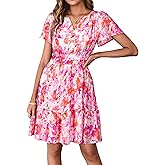Simplee Women 2026 Floral Summer Short Dress Short Sleeves V Neck Chiffon A-Line Casual Flowy Boho Mini Dresses