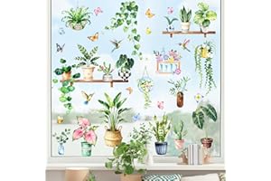 Supzone Green Potted Plants Static Window Clings Double Sided Spring Summer Botanical Leaves Birds Window Decals Anti-Collisi