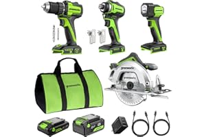 GREENWORKS 24V (4-TOOL) Combo (1/2” Drill + 1/4” Impact Driver + 6.5” Circular Saw + 200Lm Flashlight), 4.0Ah + 2.0Ah Batteries (24,000mAh Power Bank), (2) Braided Cables, 65W Rapid Charger