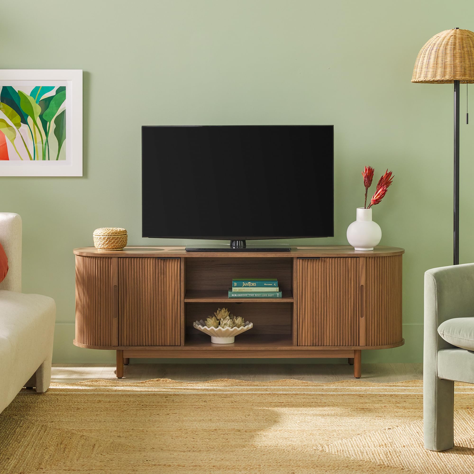 Photo 1 of Walker Edison Chloe Curved Reeded TV Stand, Sliding Doors, 65 Inch, 60 inch, Mocha