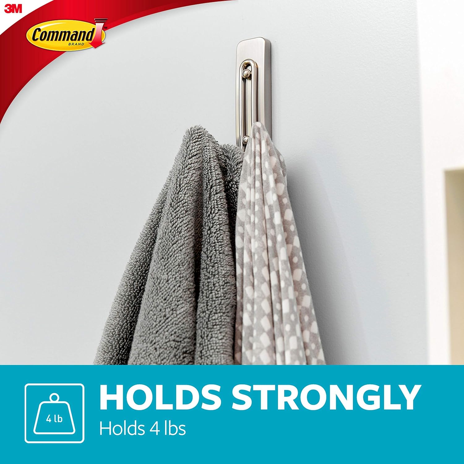 Command Large Double Bath Hook, Satin Nickel, 1-Hook, 1-Large Water-Resistant Strip, Organize your dorm - - 